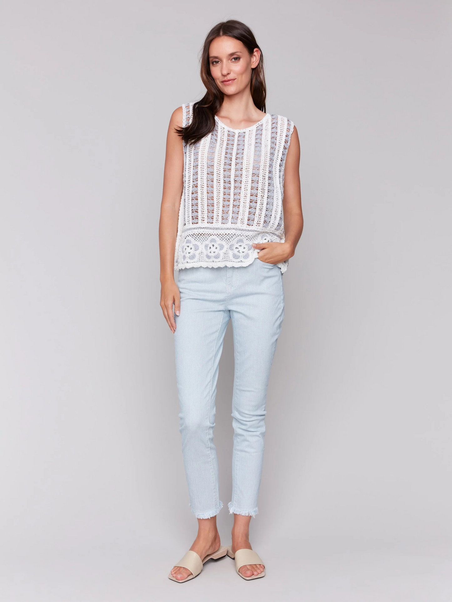 Sleeveless Floral Border Crochet Top - Bluebell