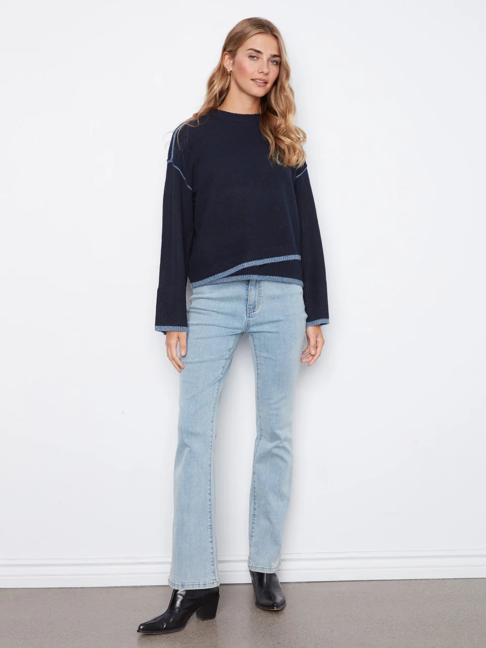 Navy Contrast Trim Crew Neck Sweater