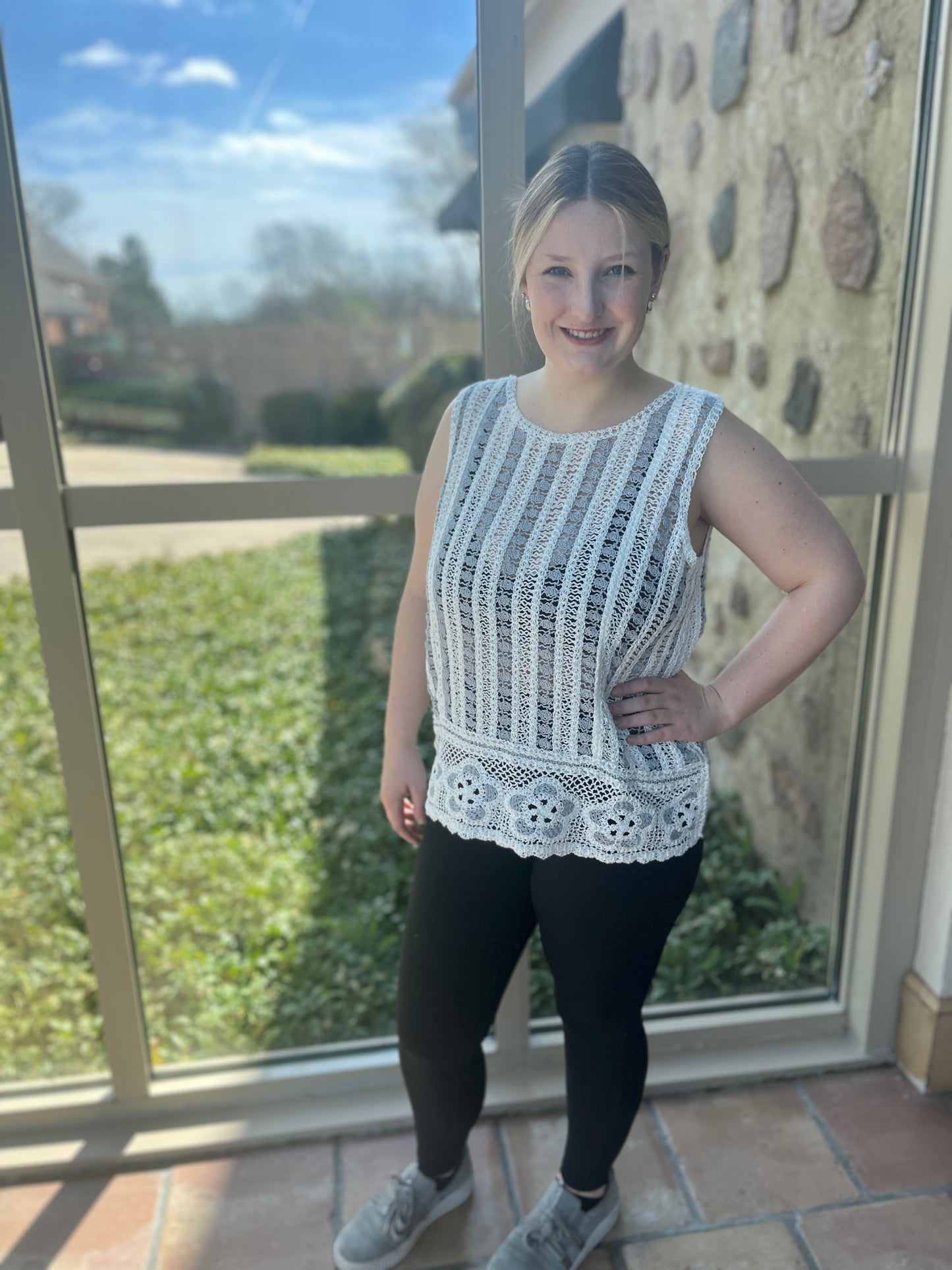 Sleeveless Floral Border Crochet Top - Bluebell