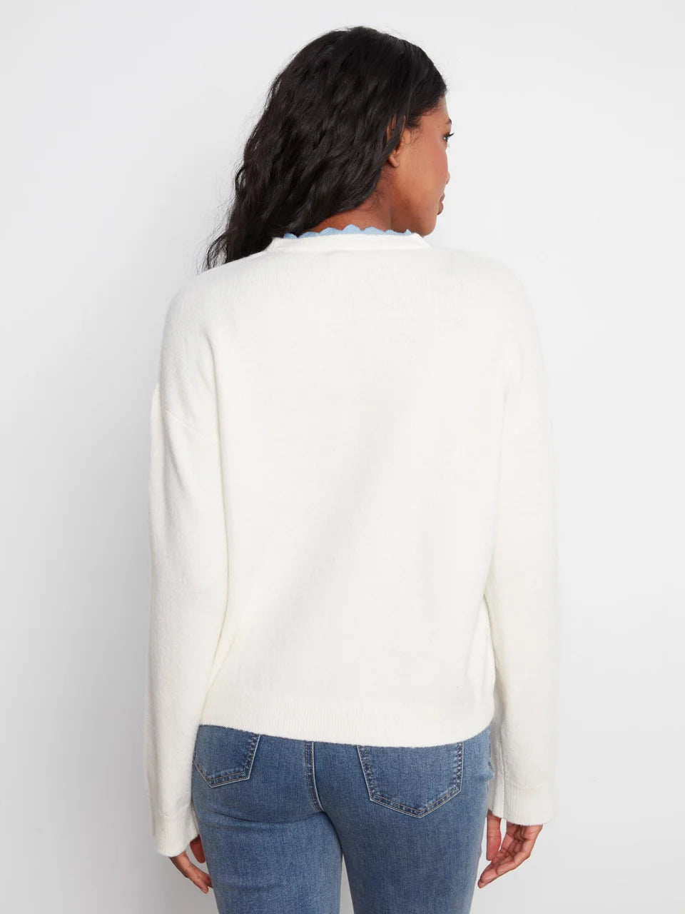 Snow White V-Neck Sweater with Woven Trim