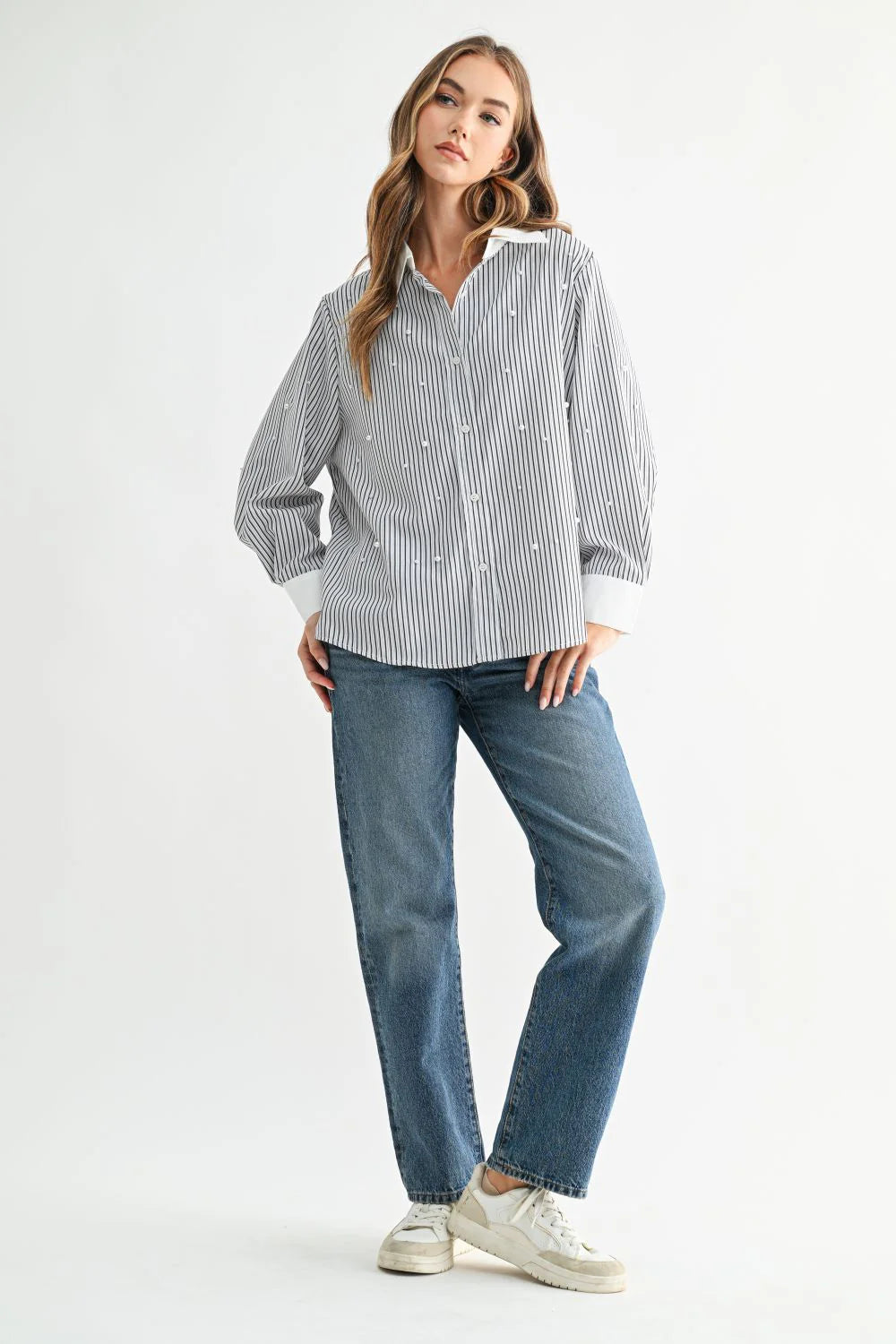 Julian Striped Button-Up with Pearls