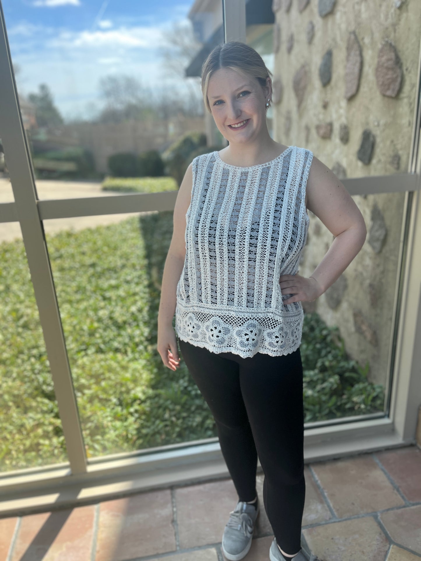 Sleeveless Floral Border Crochet Top - Bluebell