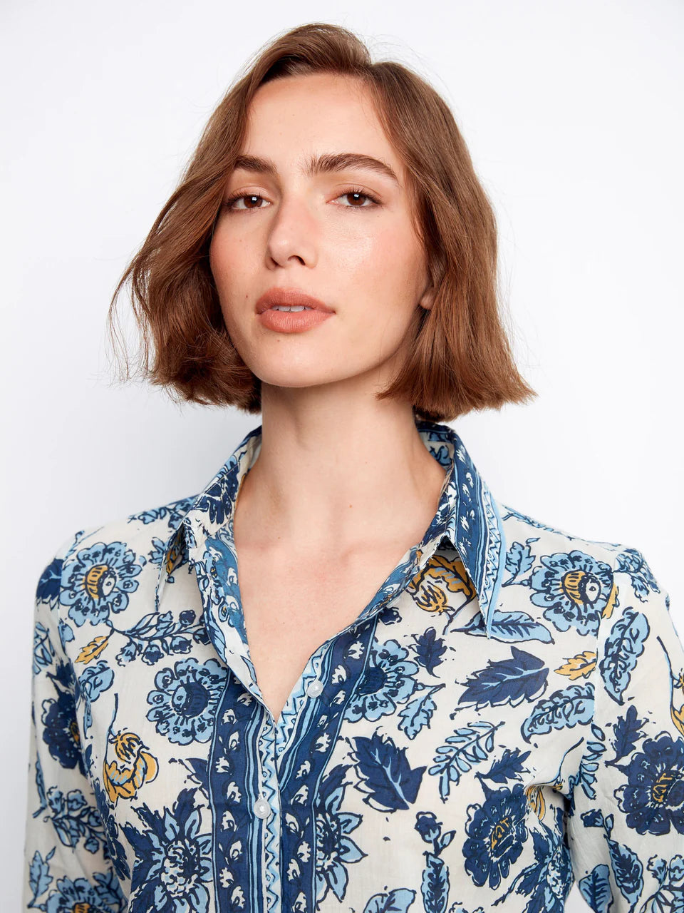 Printed Cotton Voile Button-Up Blouse – Bloselle (Blue)