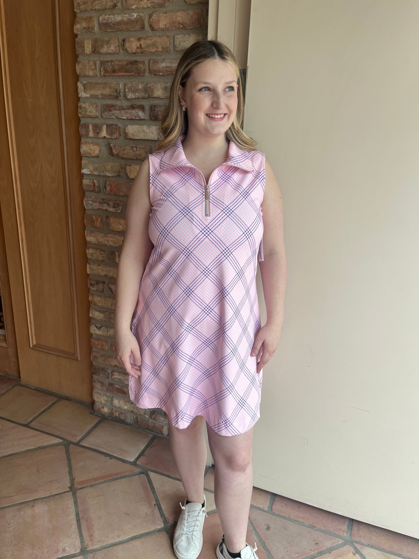 Pink Plaid Zipper Swing Dress