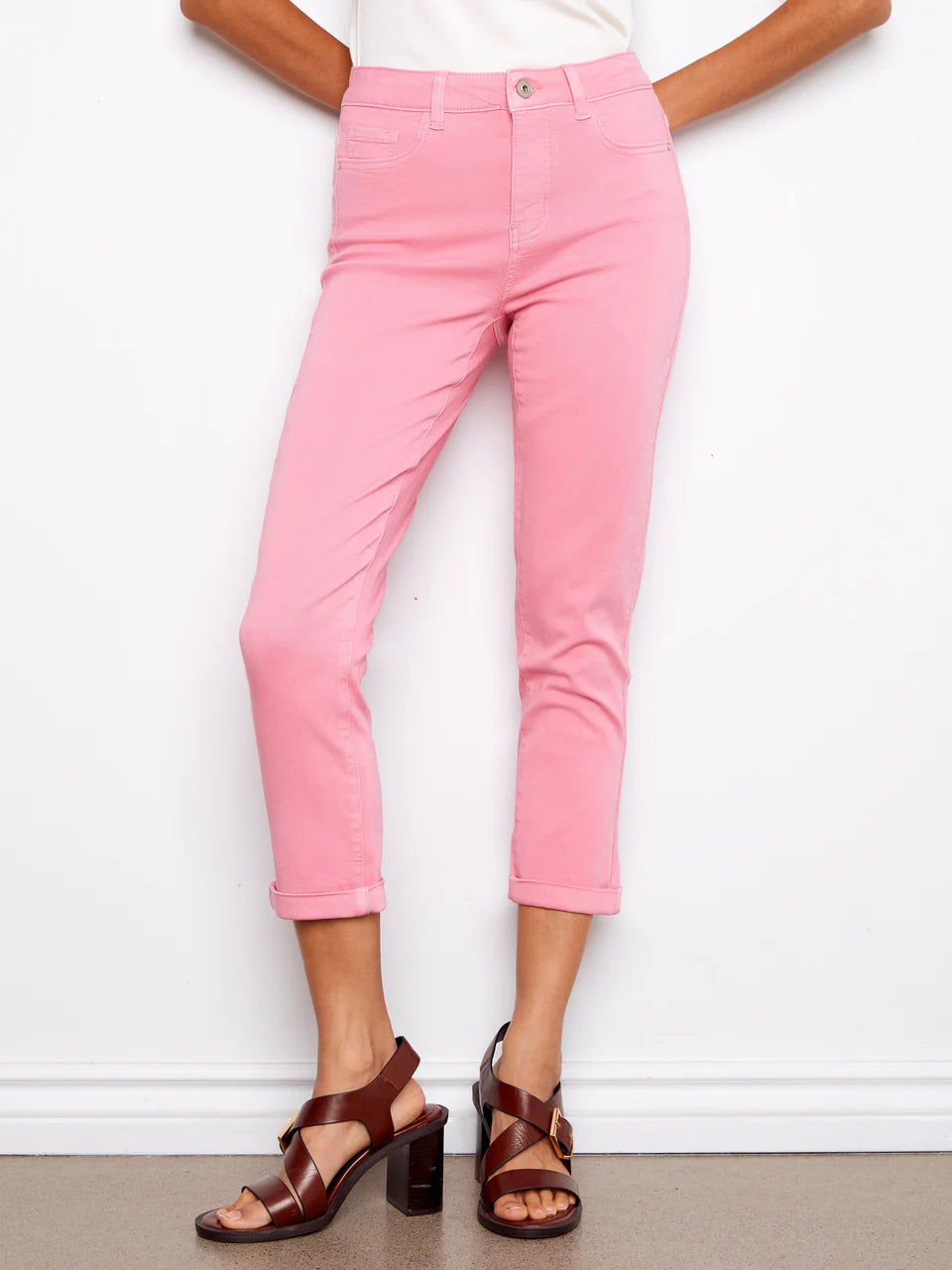 Cuffed Cropped Slim Leg Twill Pants