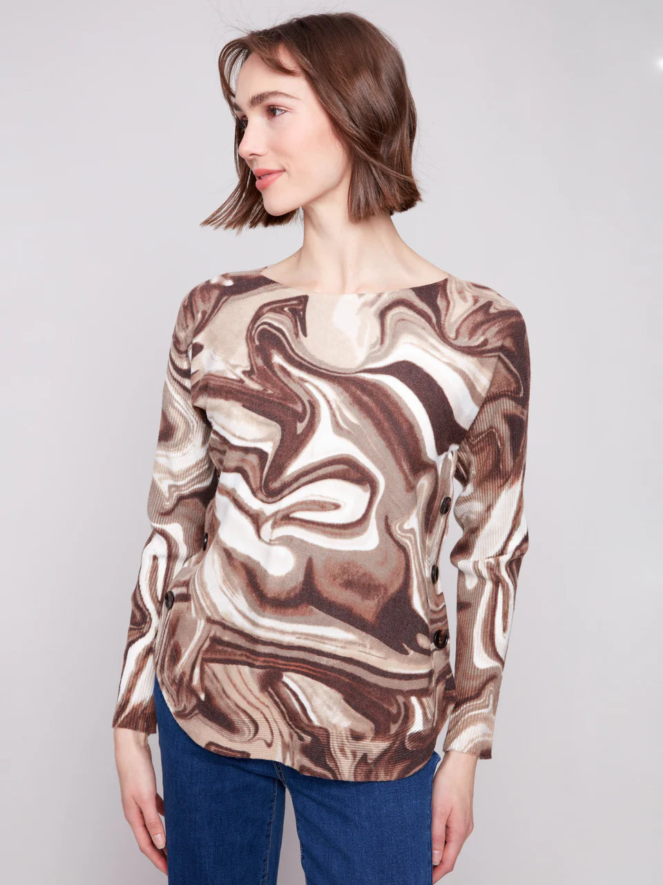 Printed Boat Neck Sweater With Side Buttons