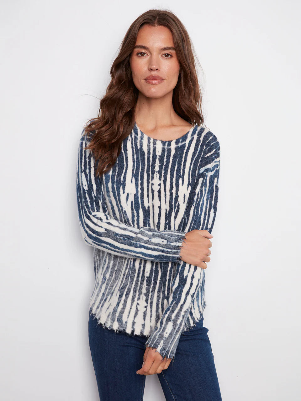Reversible Printed Plush Sweater With Frayed Edges