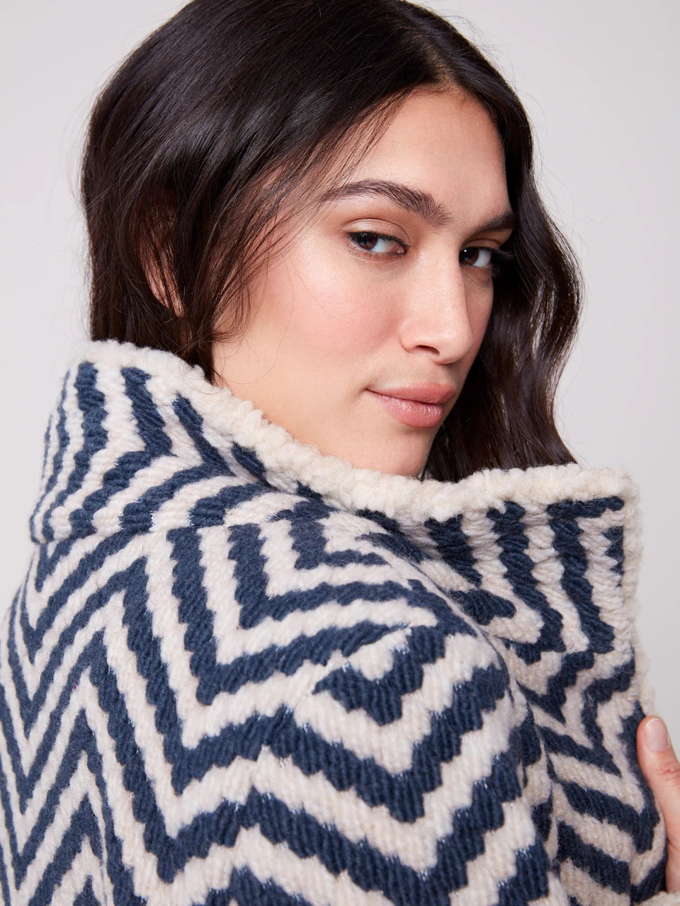 Chevron Bouclé Short Jacket With Sherpa Trim