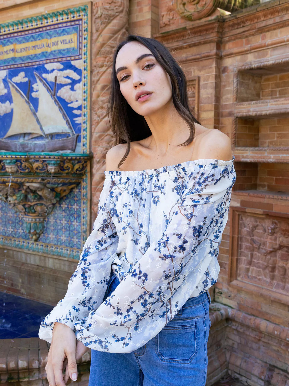 Printed Eyelet Off-Shoulder Blouse