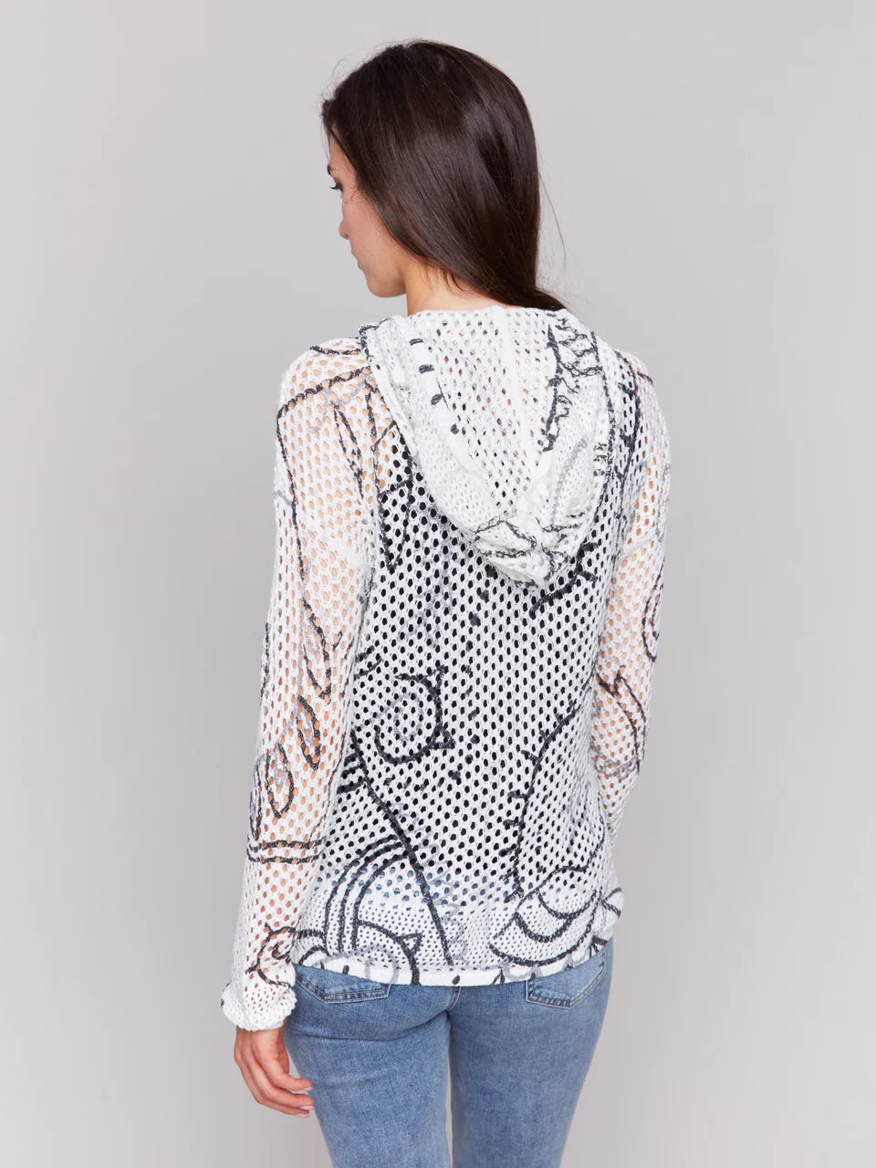 Printed Fishnet Crochet Hoodie Sweater