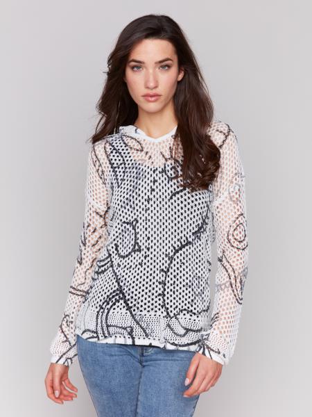Printed Fishnet Crochet Hoodie Sweater