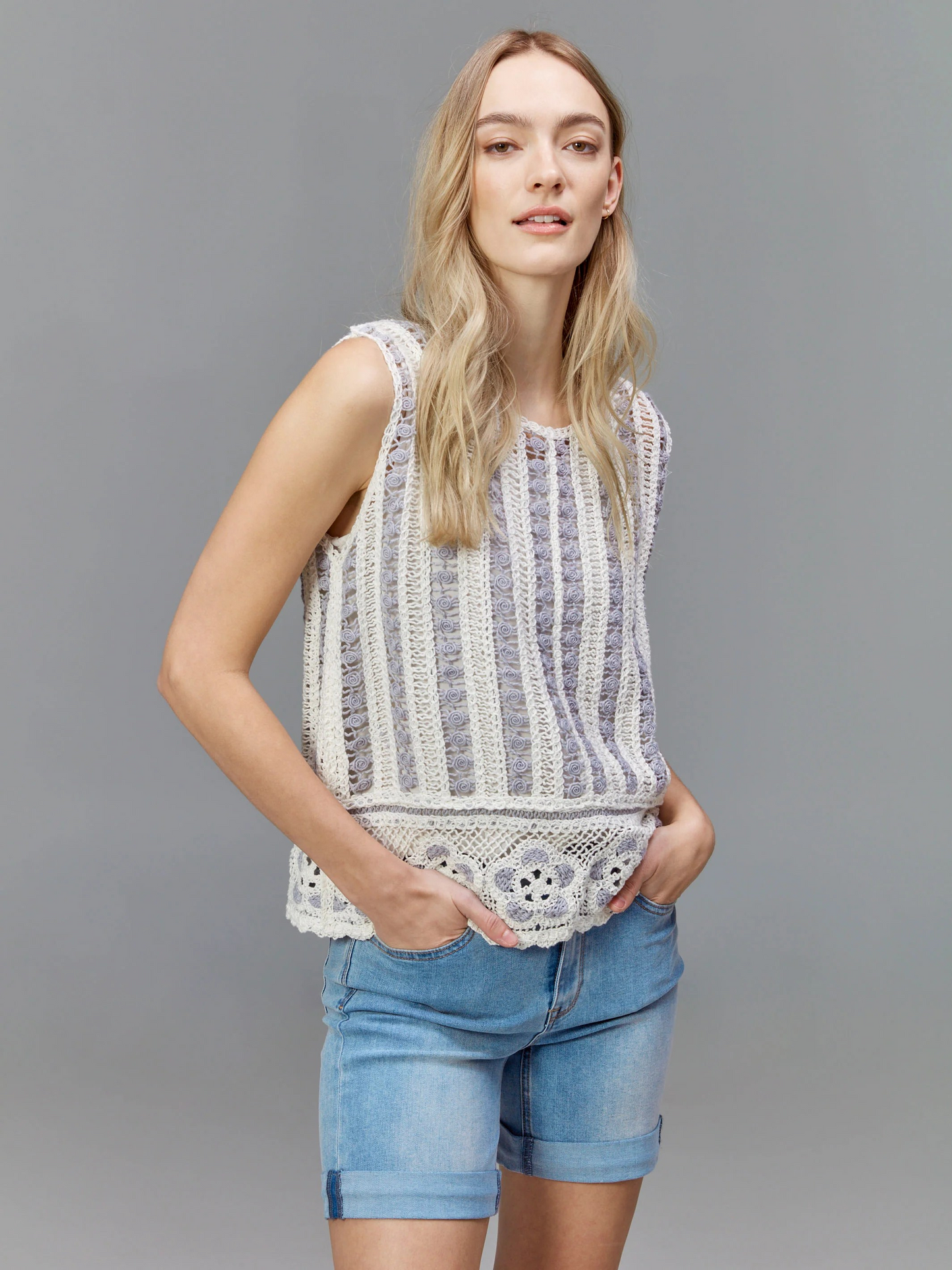 Sleeveless Floral Border Crochet Top - Bluebell