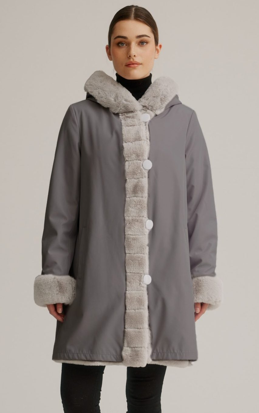 Reversible Faux Fur Coat W/ Fixed Hood & Button Front