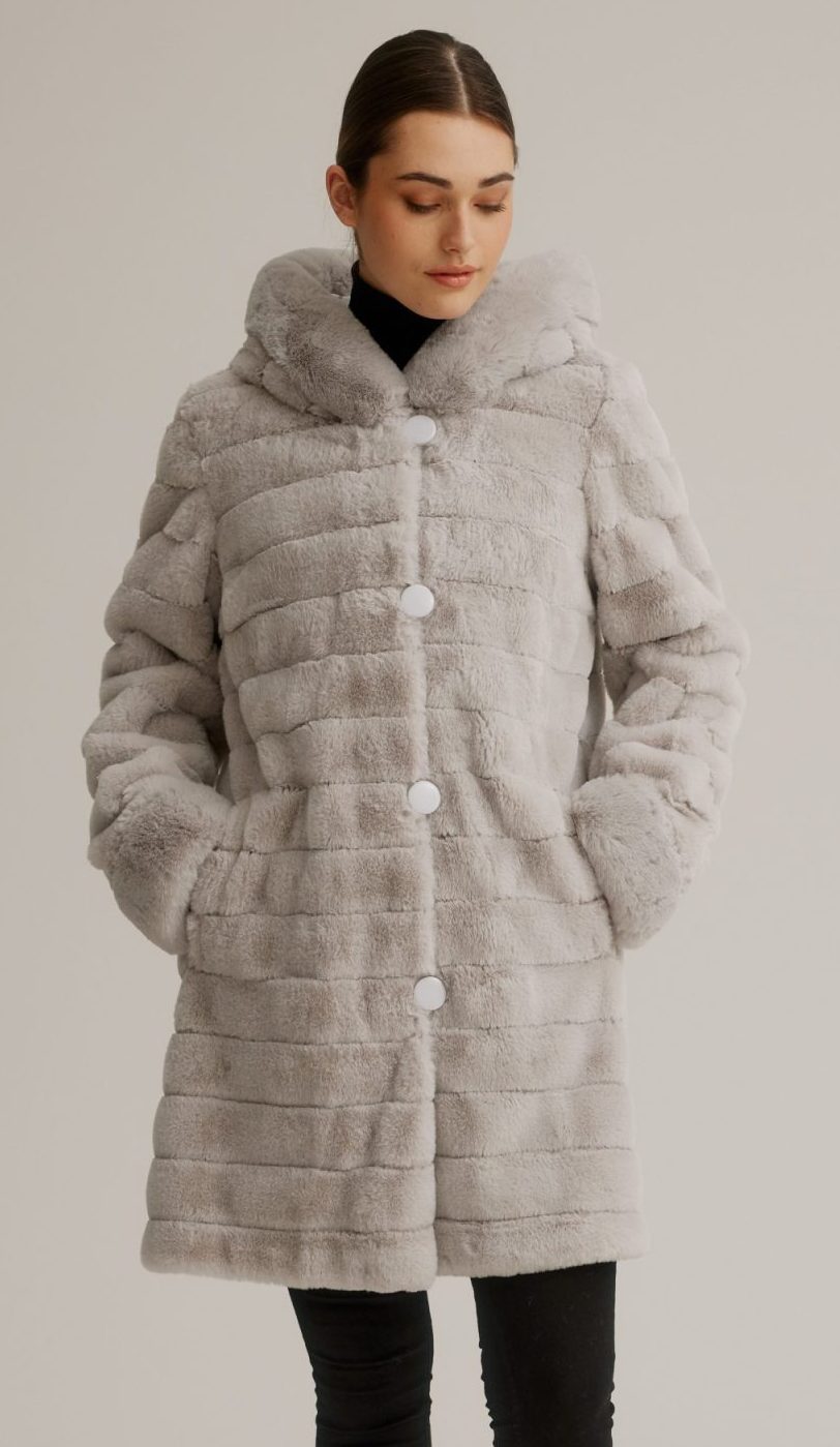 Reversible Faux Fur Coat W/ Fixed Hood & Button Front