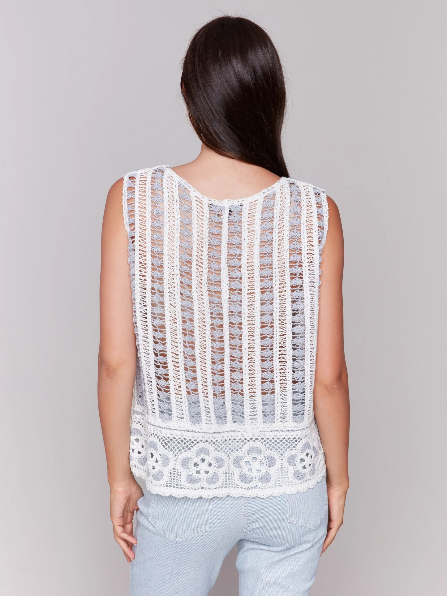 Sleeveless Floral Border Crochet Top - Bluebell