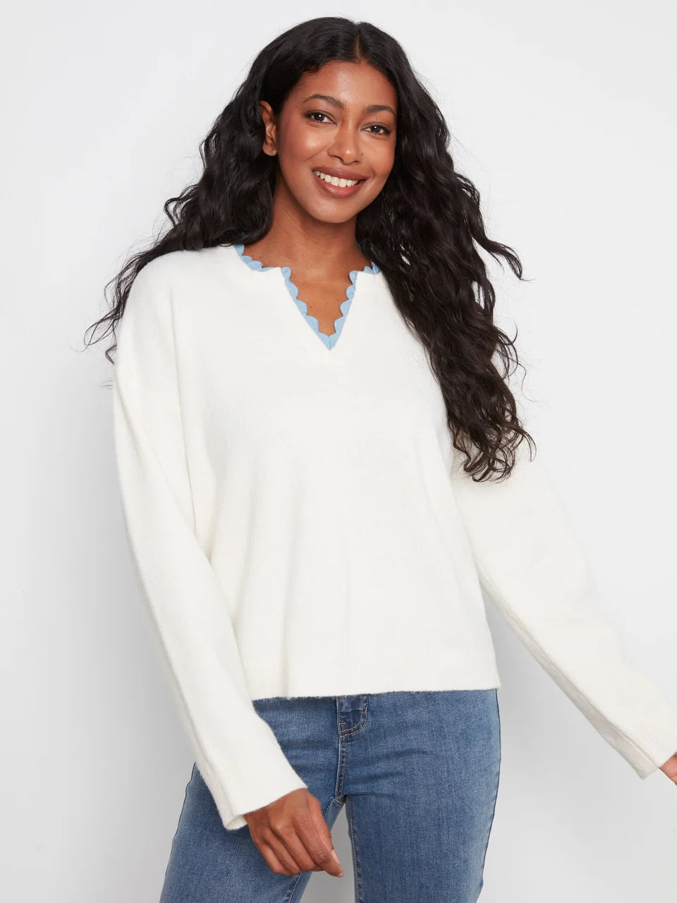 Snow White V-Neck Sweater with Woven Trim