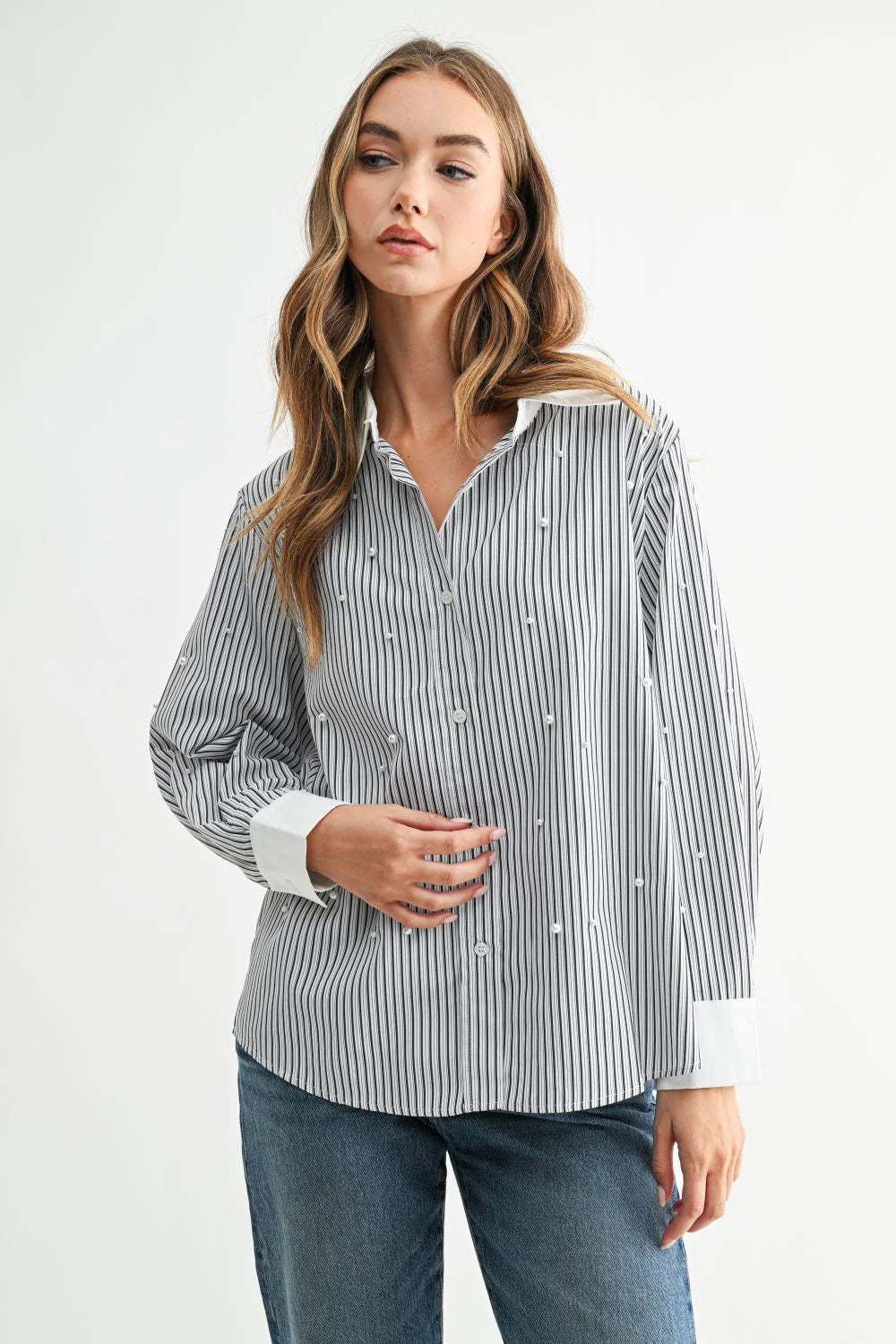 Julian Striped Button-Up with Pearls
