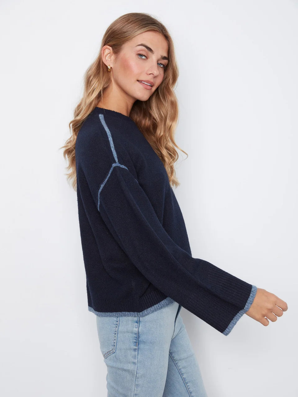 Navy Contrast Trim Crew Neck Sweater