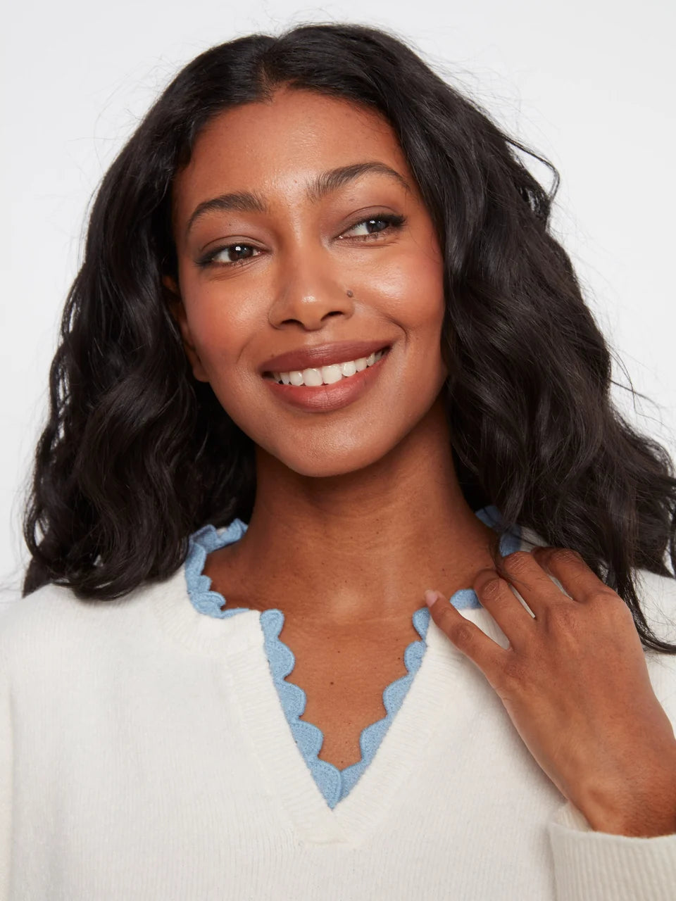 Snow White V-Neck Sweater with Woven Trim