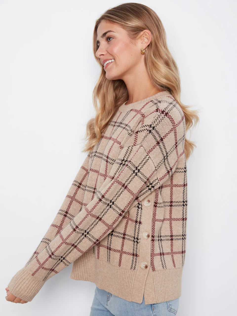 Plaid Sweater with Side Buttons