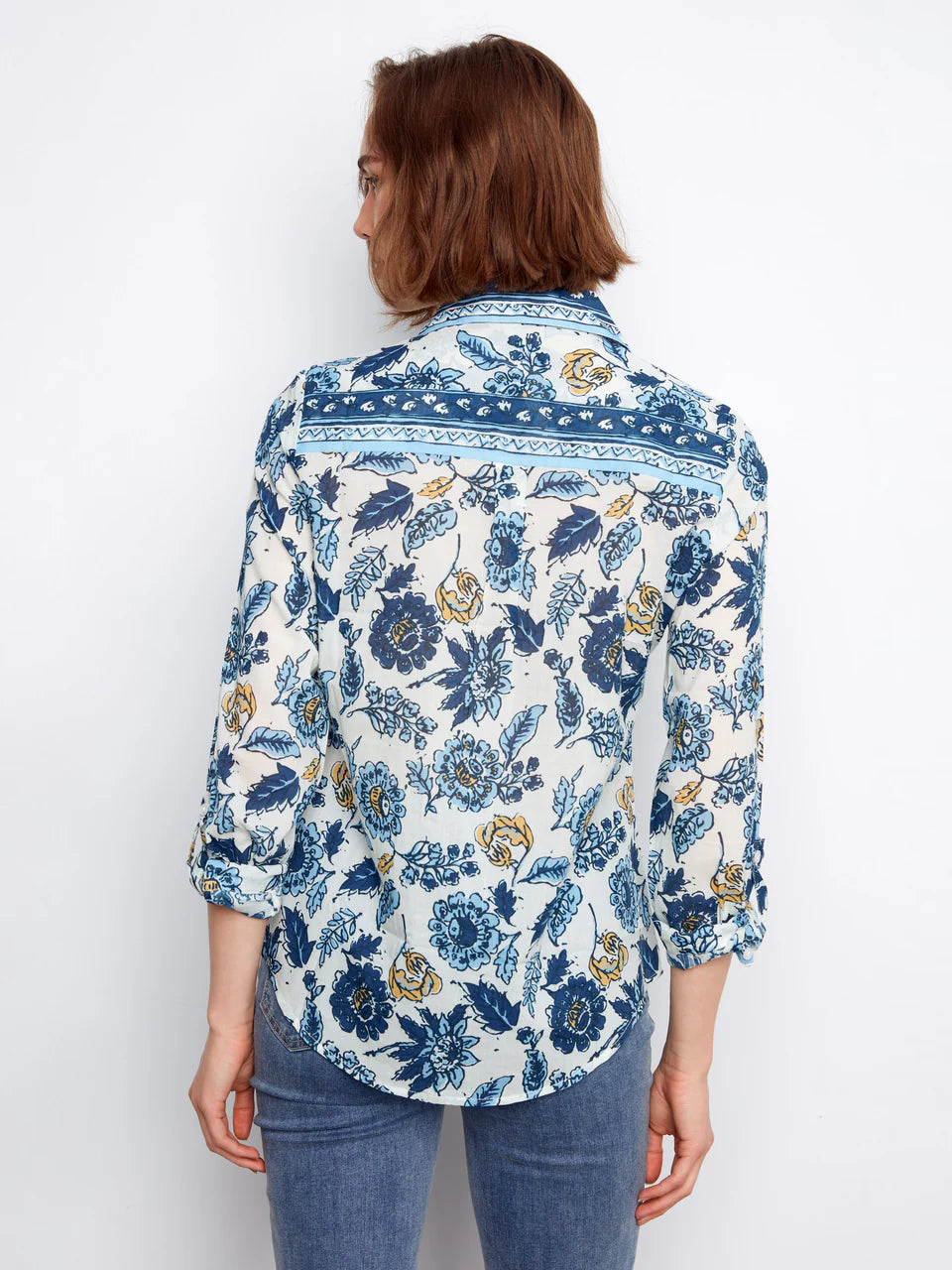 Printed Cotton Voile Button-Up Blouse – Bloselle (Blue)