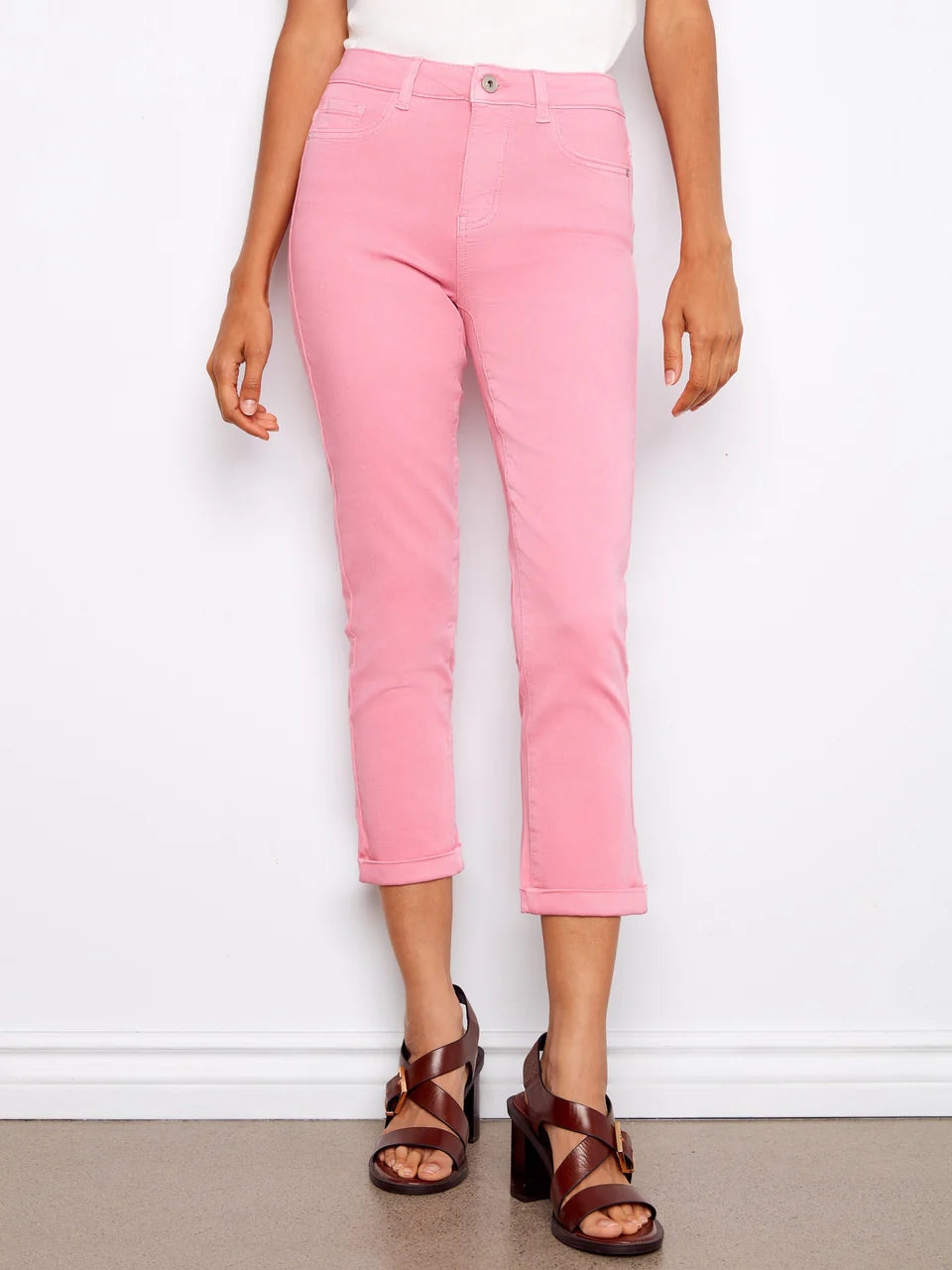 Cuffed Cropped Slim Leg Twill Pants