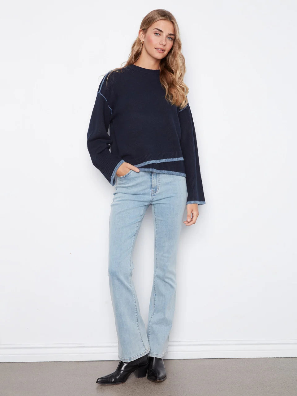 Navy Contrast Trim Crew Neck Sweater