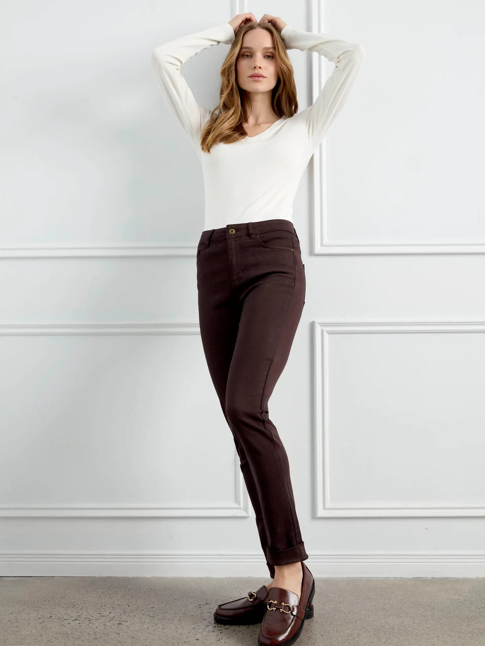 Coffee Cuffed Hem Twill Pants