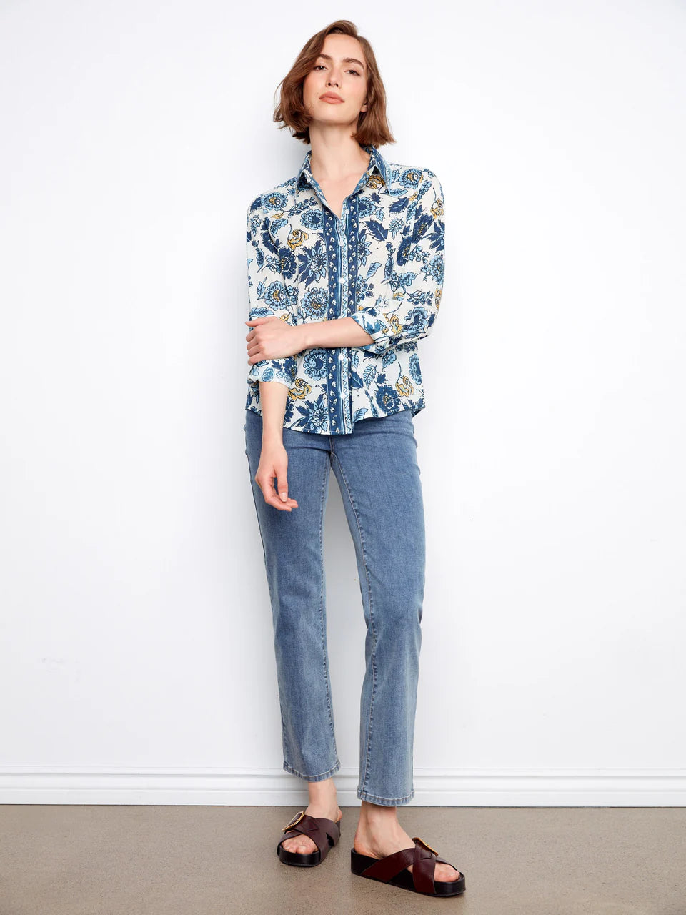 Printed Cotton Voile Button-Up Blouse – Bloselle (Blue)