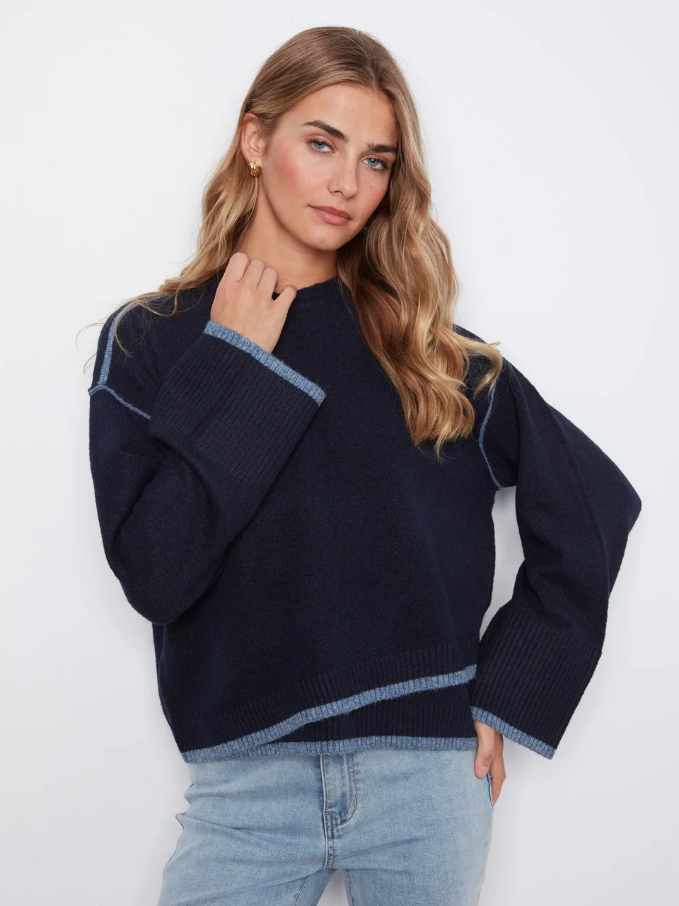 Navy Contrast Trim Crew Neck Sweater