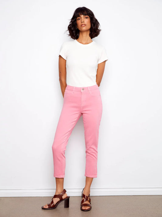 Cuffed Cropped Slim Leg Twill Pants