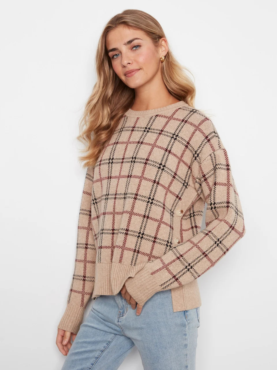 Plaid Sweater with Side Buttons