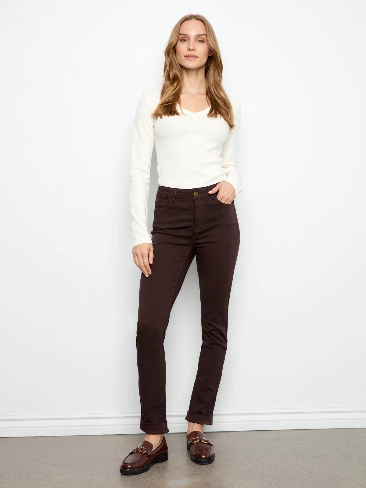 Coffee Cuffed Hem Twill Pants