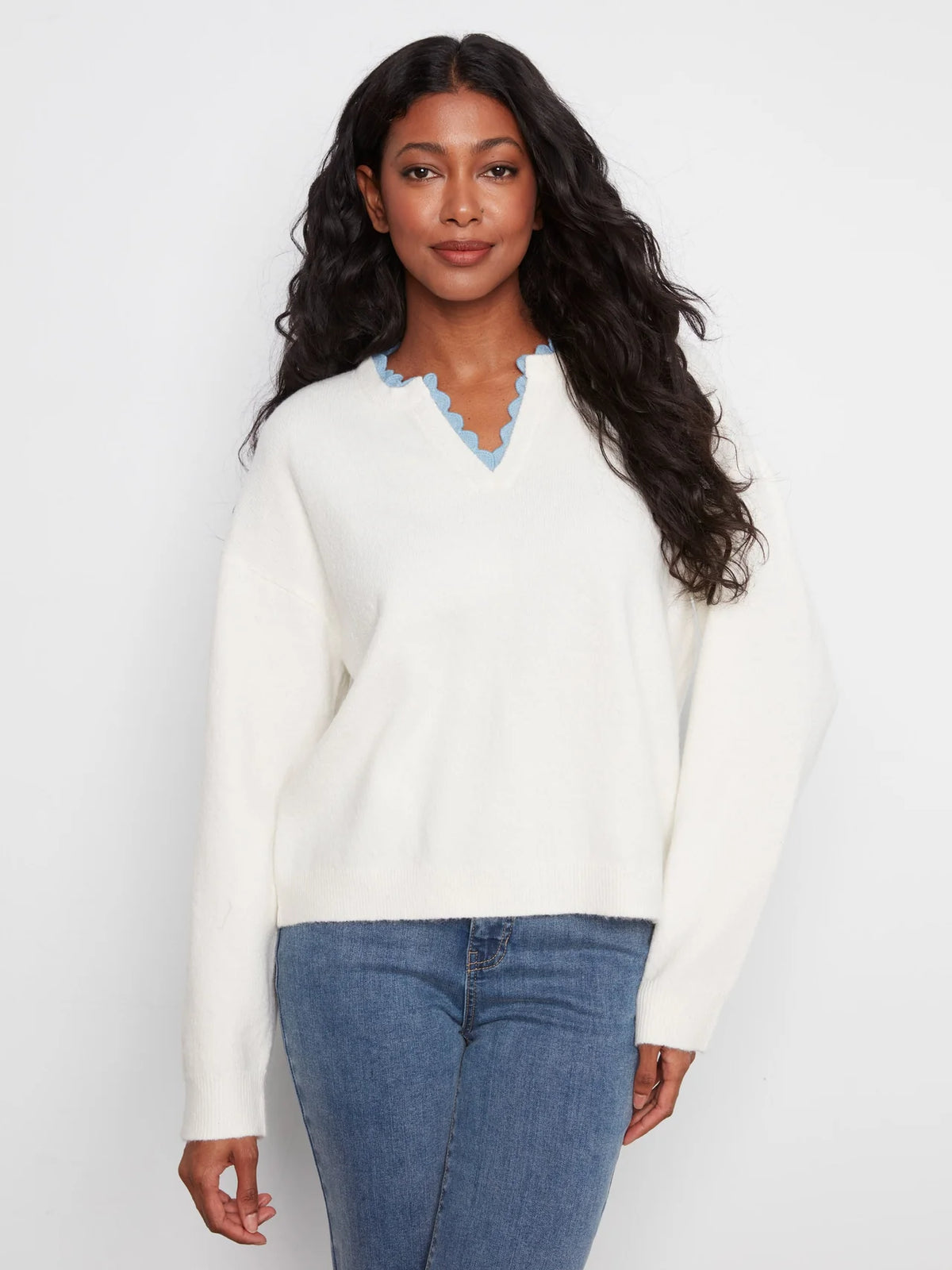 Snow White V-Neck Sweater with Woven Trim
