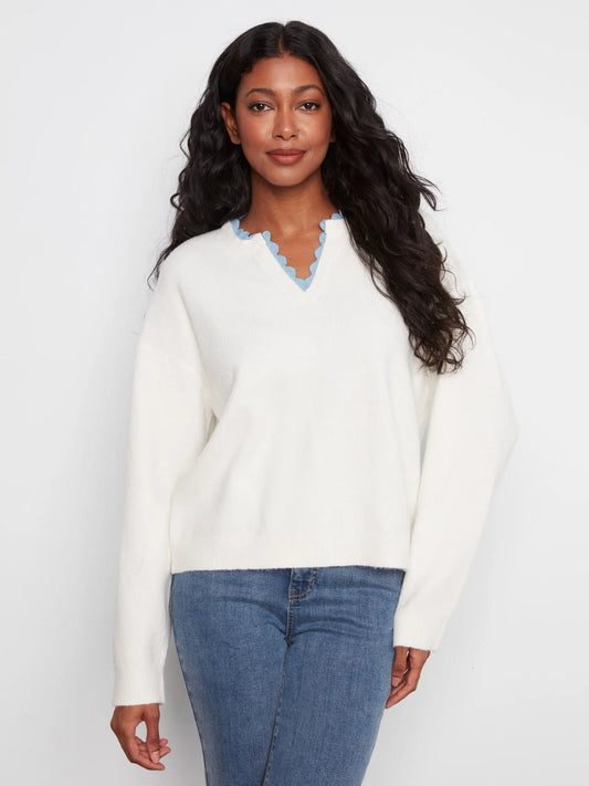 Snow White V-Neck Sweater with Woven Trim