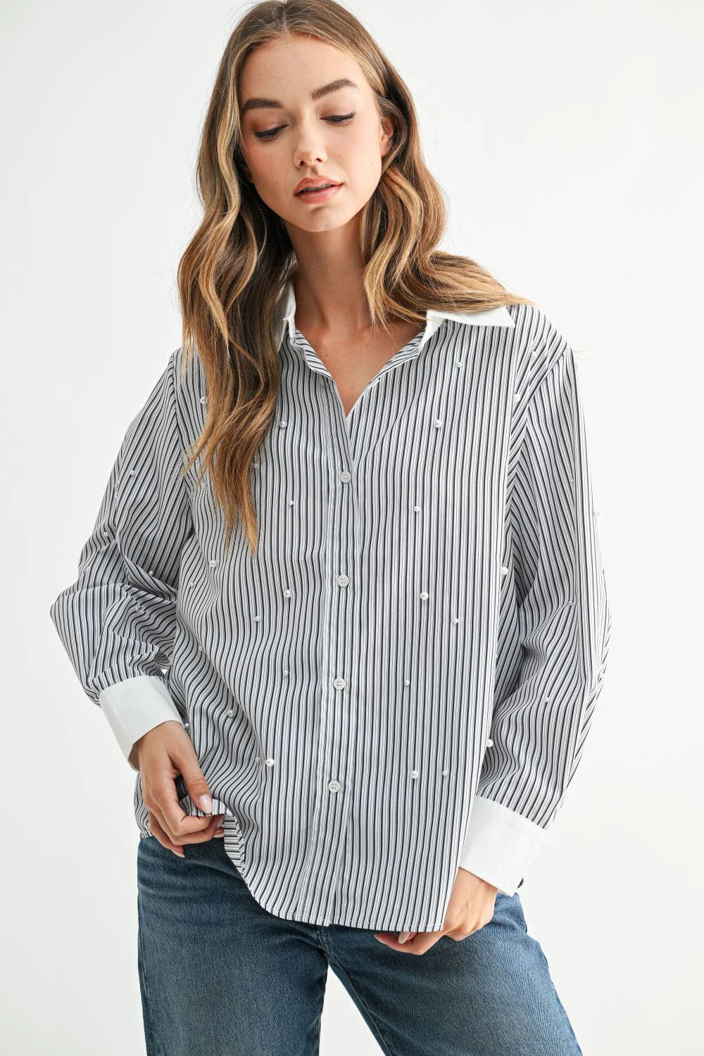 Julian Striped Button-Up with Pearls