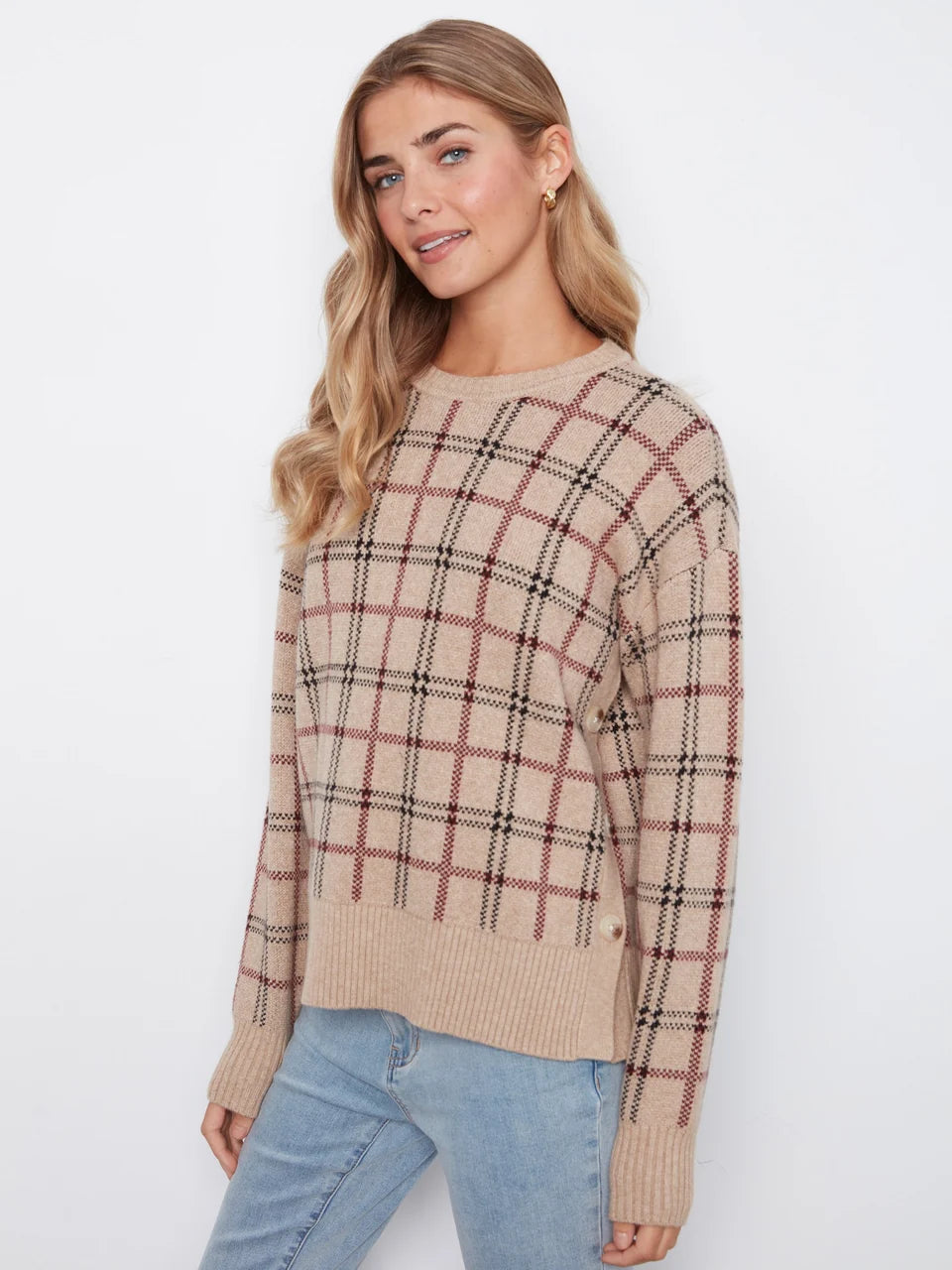 Plaid Sweater with Side Buttons