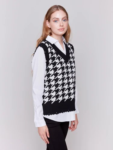 Houndstooth Fooler Vest with Shirt Collar