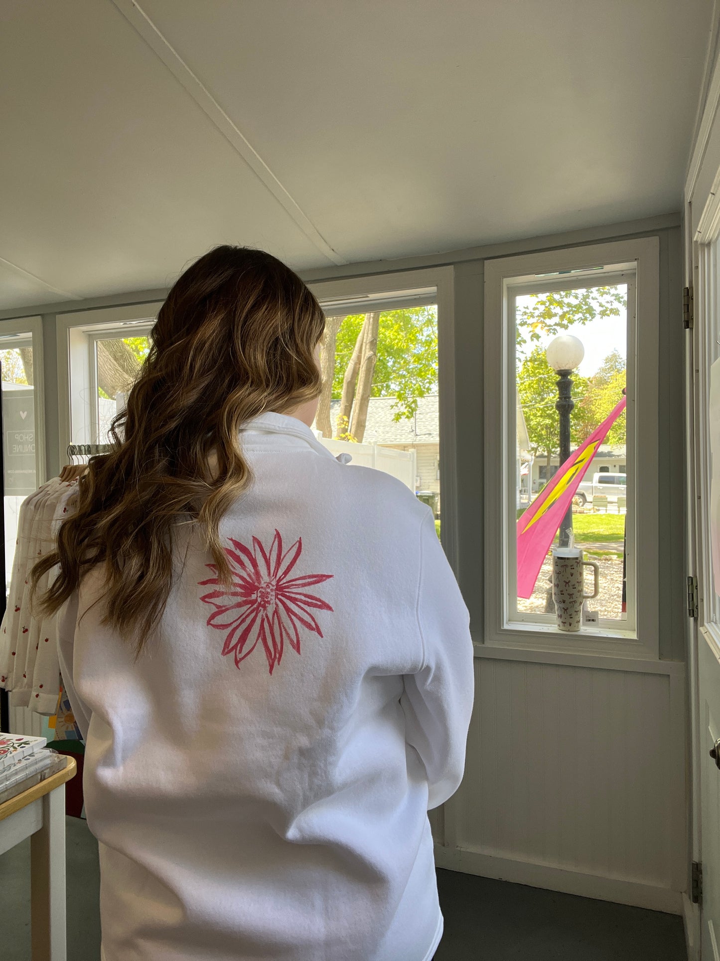 White Sweatshirt Pink Flower