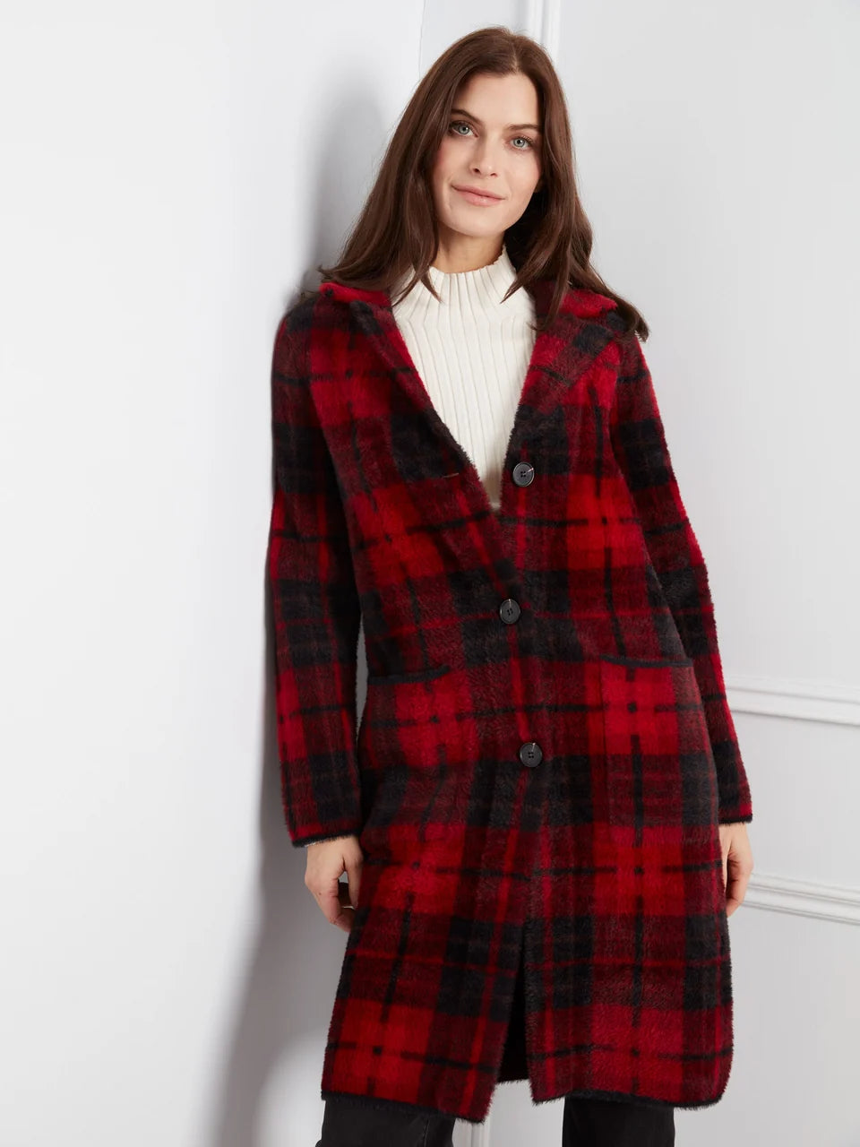 Cranberry Plaid Knit Coatigan