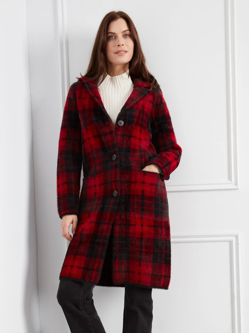 Cranberry Plaid Knit Coatigan