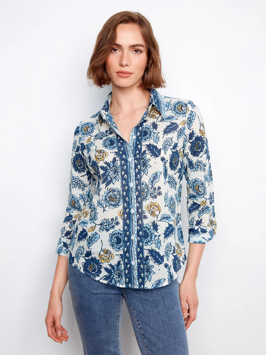 Printed Cotton Voile Button-Up Blouse – Bloselle (Blue)