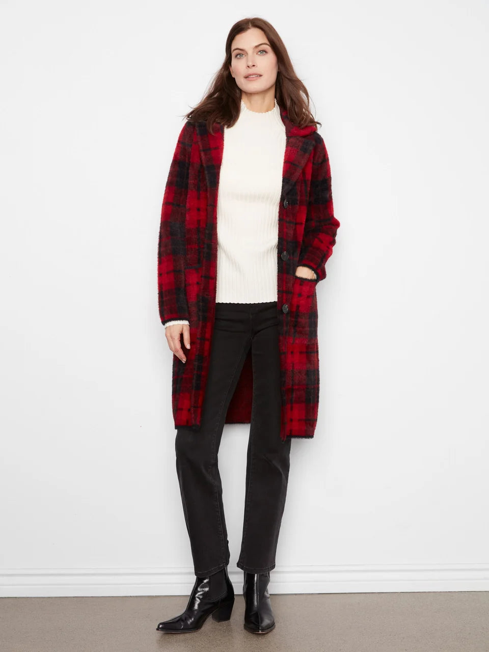 Cranberry Plaid Knit Coatigan