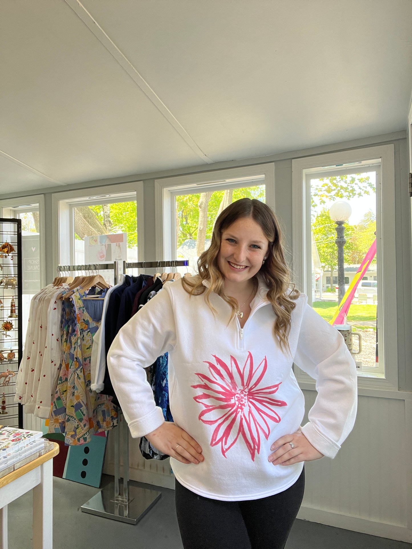 White Sweatshirt Pink Flower