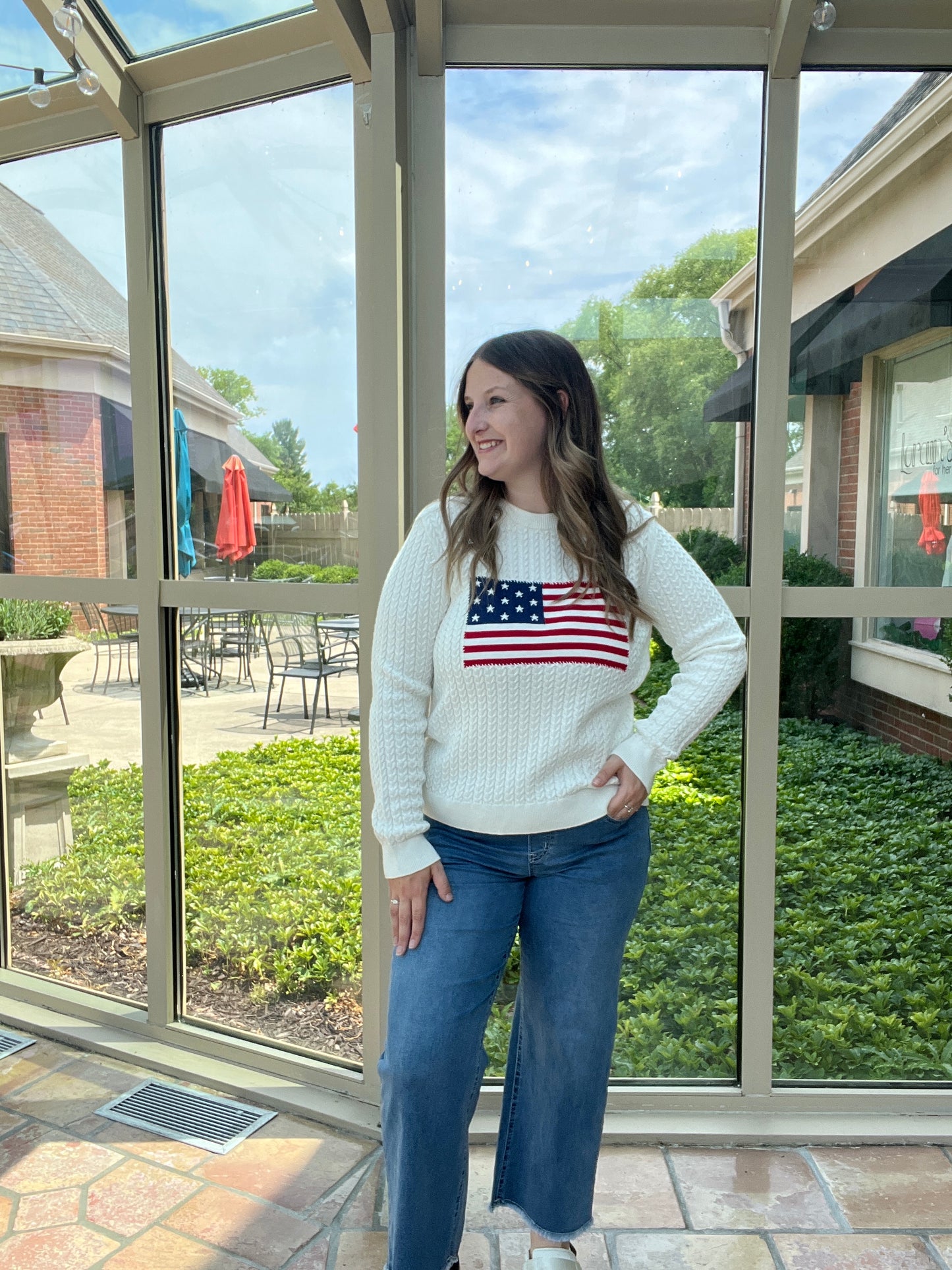 Cotton Cashmere Flag Intarsia Cable Crew