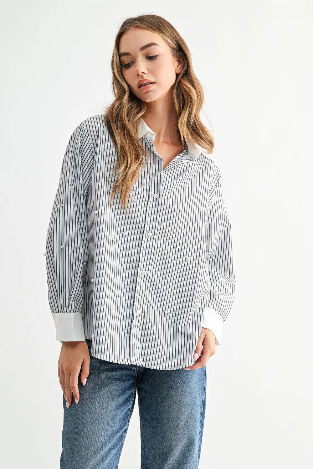 Julian Striped Button-Up with Pearls