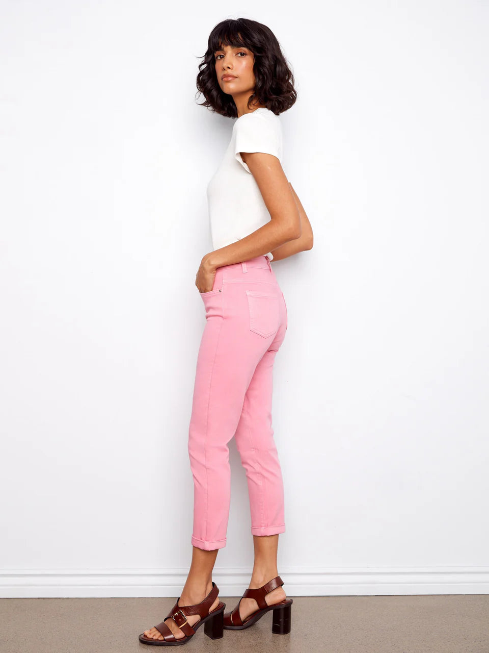 Cuffed Cropped Slim Leg Twill Pants