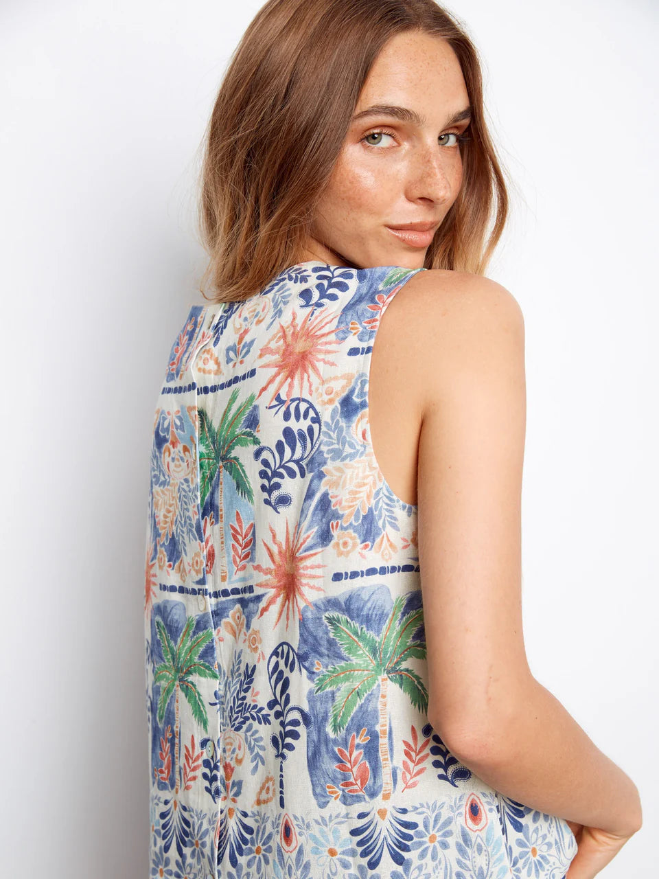 Island Print Linen Blend Sleeveless Top