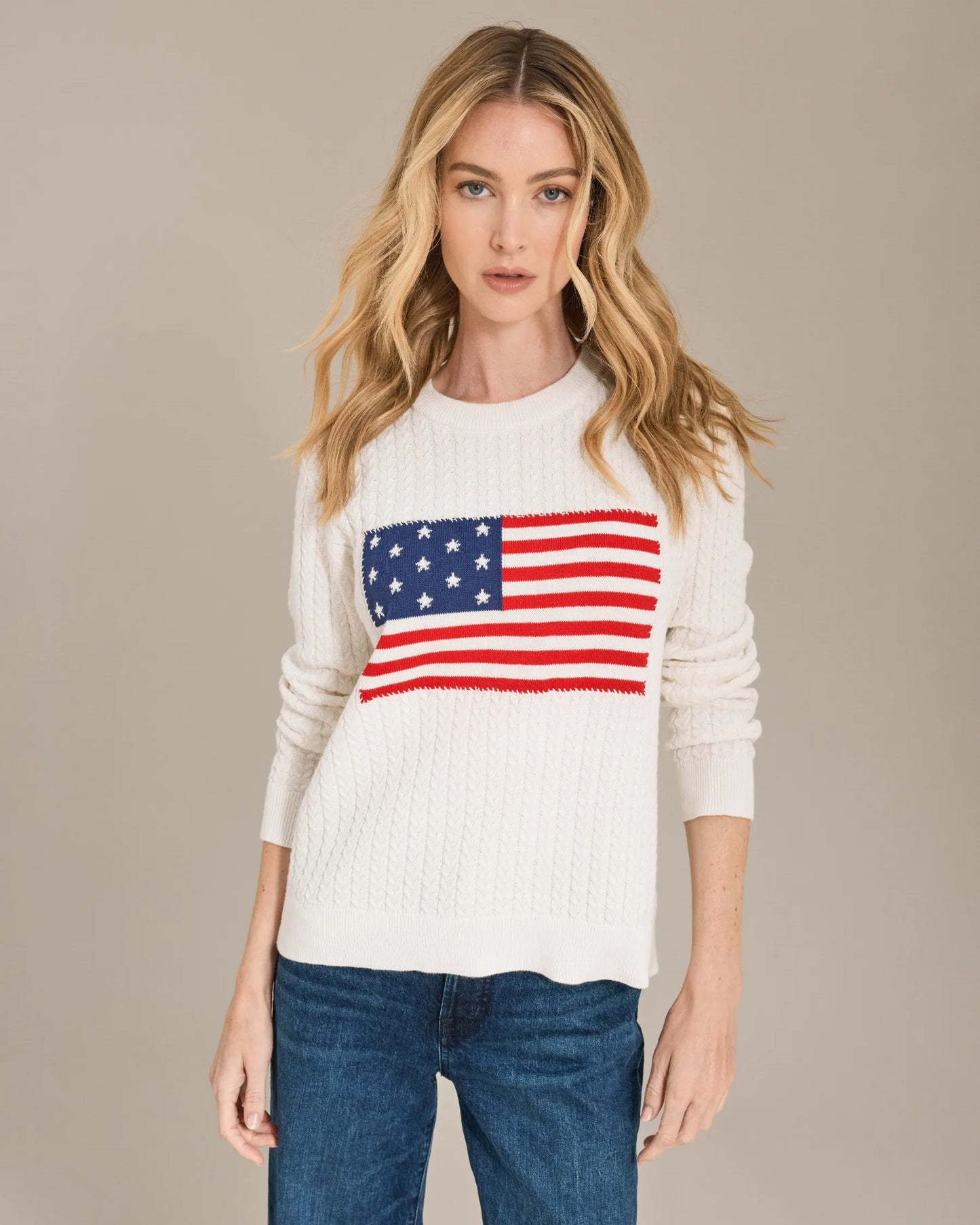 Cotton Cashmere Flag Intarsia Cable Crew
