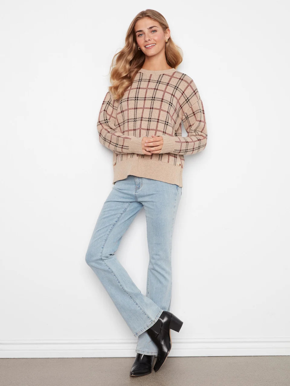 Plaid Sweater with Side Buttons